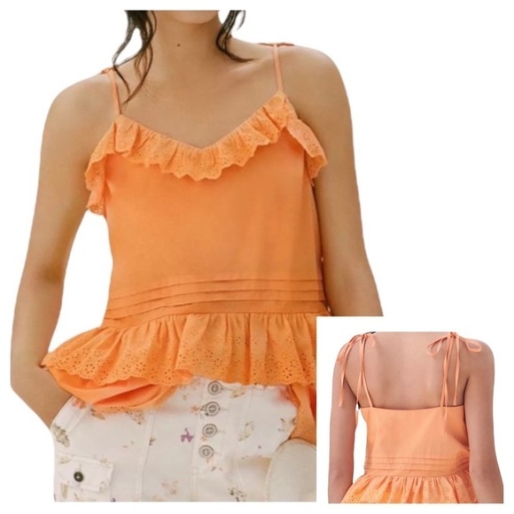ANTHROPOLOGIE X MARE MARE Josephine Ruffle Eyelet Lace Trim Top Orange Size S - Picture 2 of 11